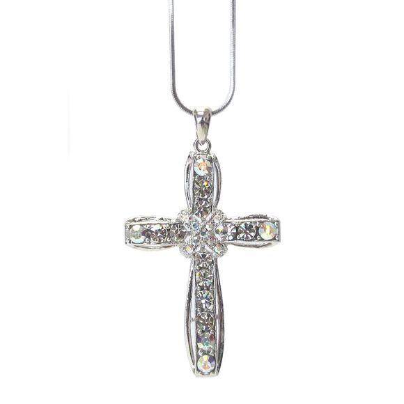 White Gold Plated Crystal Cross Necklace - Picture 2 of 12